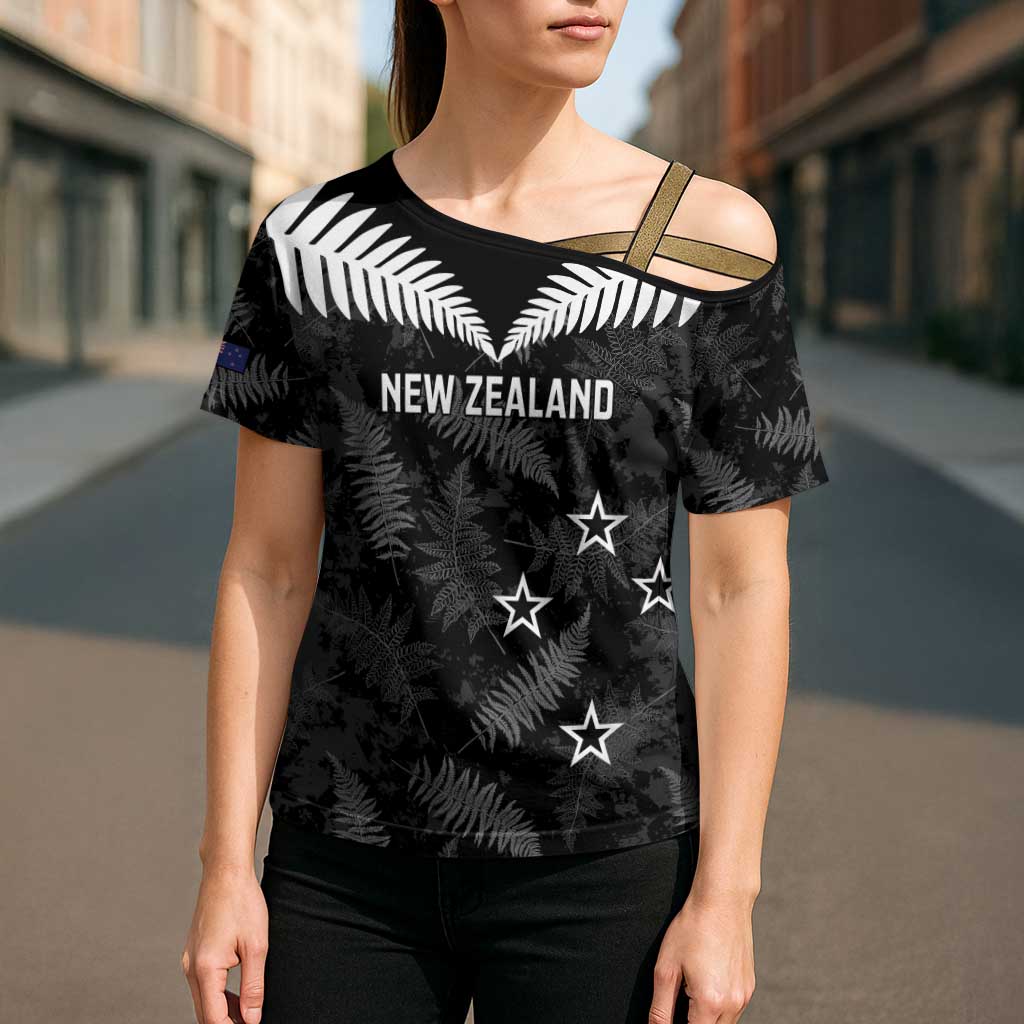 Custom New Zealand Silver Fern Football Cross Shoulder Shirt Go Aotearoa Grunge Black - Vibe Hoodie