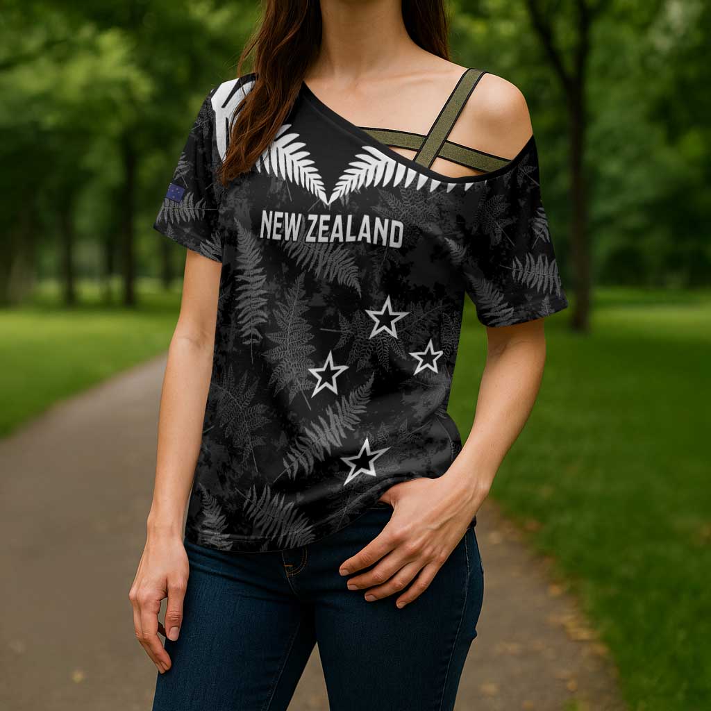 Custom New Zealand Silver Fern Football Cross Shoulder Shirt Go Aotearoa Grunge Black - Vibe Hoodie