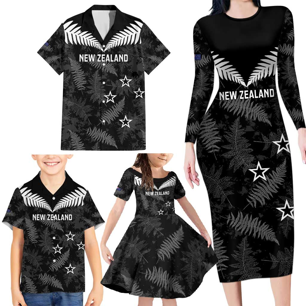 Custom New Zealand Silver Fern Football Family Matching Long Sleeve Bodycon Dress and Hawaiian Shirt Go Aotearoa Grunge Black - Vibe Hoodie