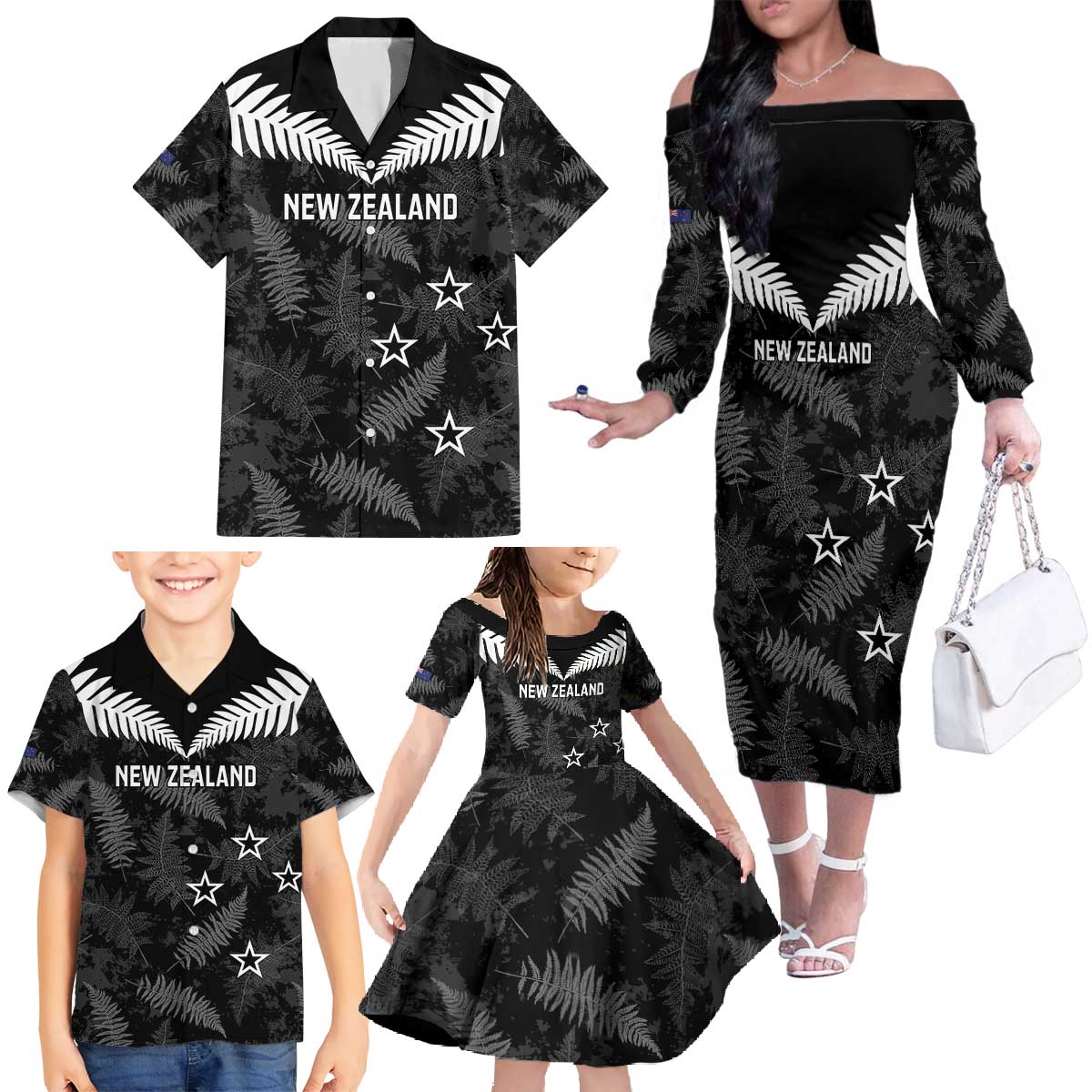Custom New Zealand Silver Fern Football Family Matching Off The Shoulder Long Sleeve Dress and Hawaiian Shirt Go Aotearoa Grunge Black - Vibe Hoodie