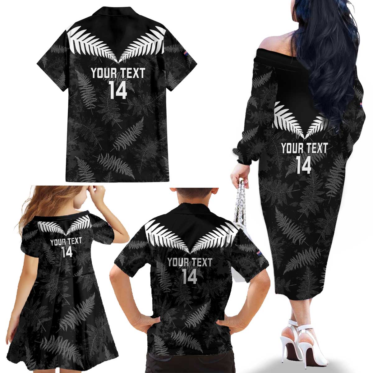 Custom New Zealand Silver Fern Football Family Matching Off The Shoulder Long Sleeve Dress and Hawaiian Shirt Go Aotearoa Grunge Black - Vibe Hoodie