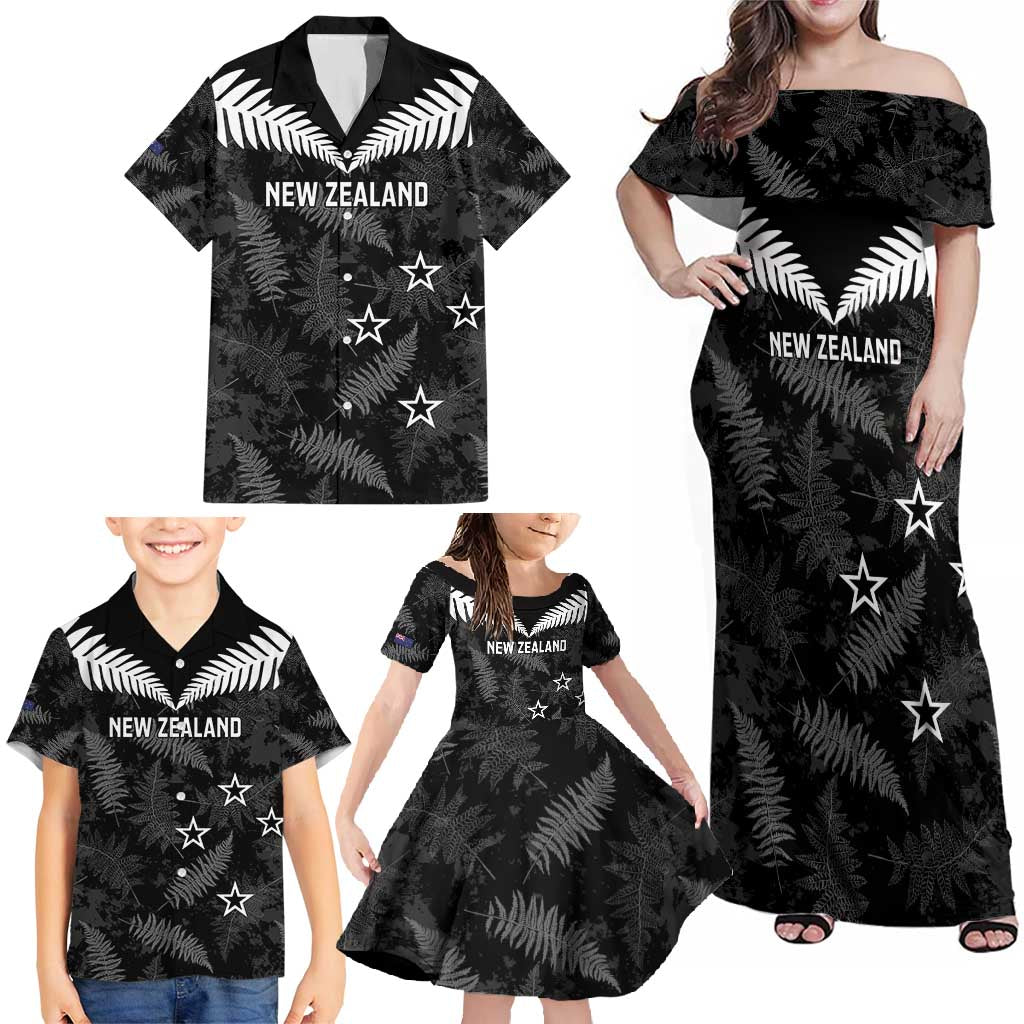 Custom New Zealand Silver Fern Football Family Matching Off Shoulder Maxi Dress and Hawaiian Shirt Go Aotearoa Grunge Black - Vibe Hoodie