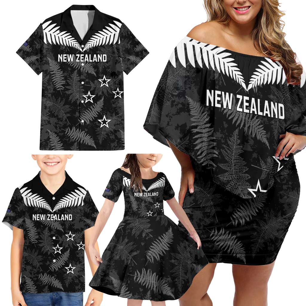 Custom New Zealand Silver Fern Football Family Matching Off Shoulder Short Dress and Hawaiian Shirt Go Aotearoa Grunge Black - Vibe Hoodie