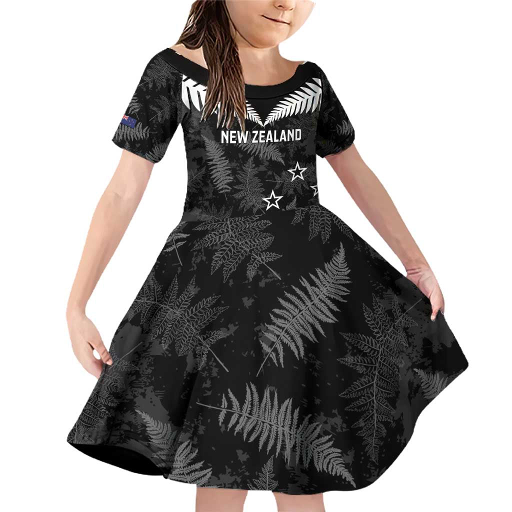 Custom New Zealand Silver Fern Football Family Matching Off Shoulder Short Dress and Hawaiian Shirt Go Aotearoa Grunge Black - Vibe Hoodie