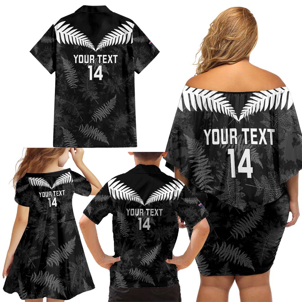 Custom New Zealand Silver Fern Football Family Matching Off Shoulder Short Dress and Hawaiian Shirt Go Aotearoa Grunge Black - Vibe Hoodie