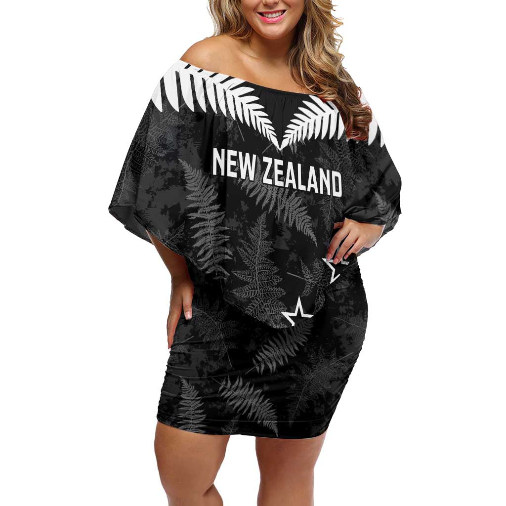 Custom New Zealand Silver Fern Football Family Matching Off Shoulder Short Dress and Hawaiian Shirt Go Aotearoa Grunge Black - Vibe Hoodie