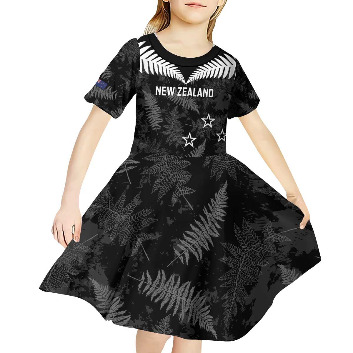 Custom New Zealand Silver Fern Football Kid Short Sleeve Dress Go Aotearoa Grunge Black - Vibe Hoodie