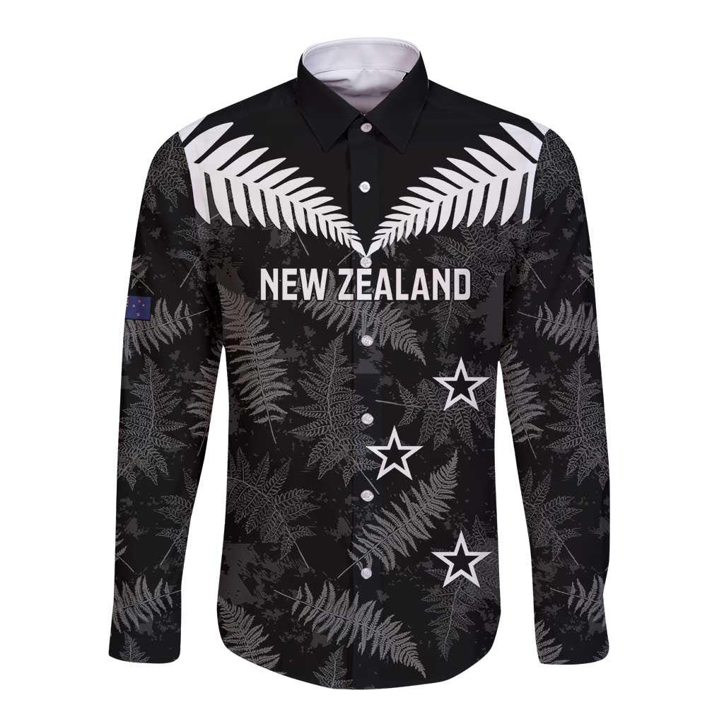 Custom New Zealand Silver Fern Football Long Sleeve Button Shirt Go Aotearoa Grunge Black - Vibe Hoodie