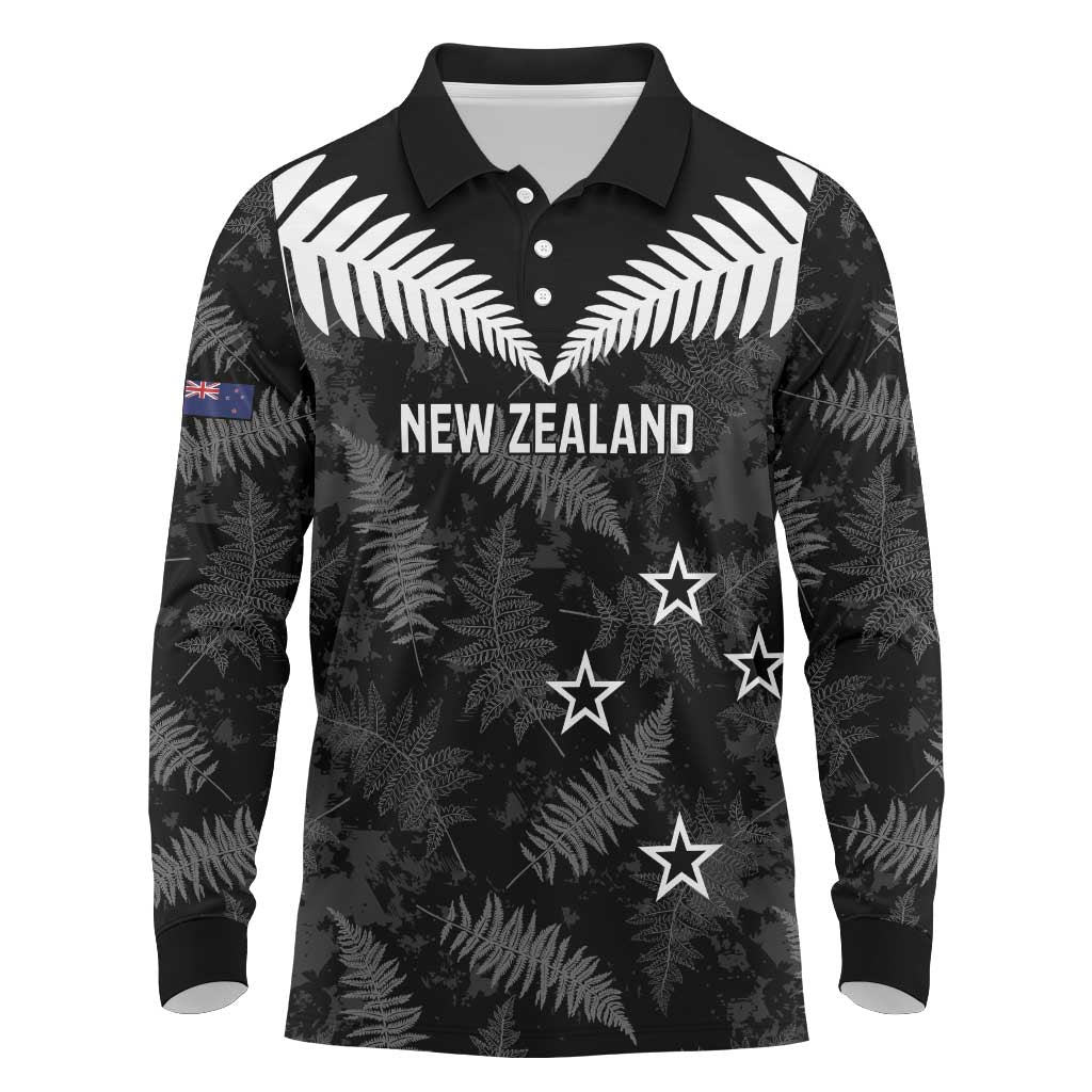 Custom New Zealand Silver Fern Football Long Sleeve Polo Shirt Go Aotearoa Grunge Black - Vibe Hoodie