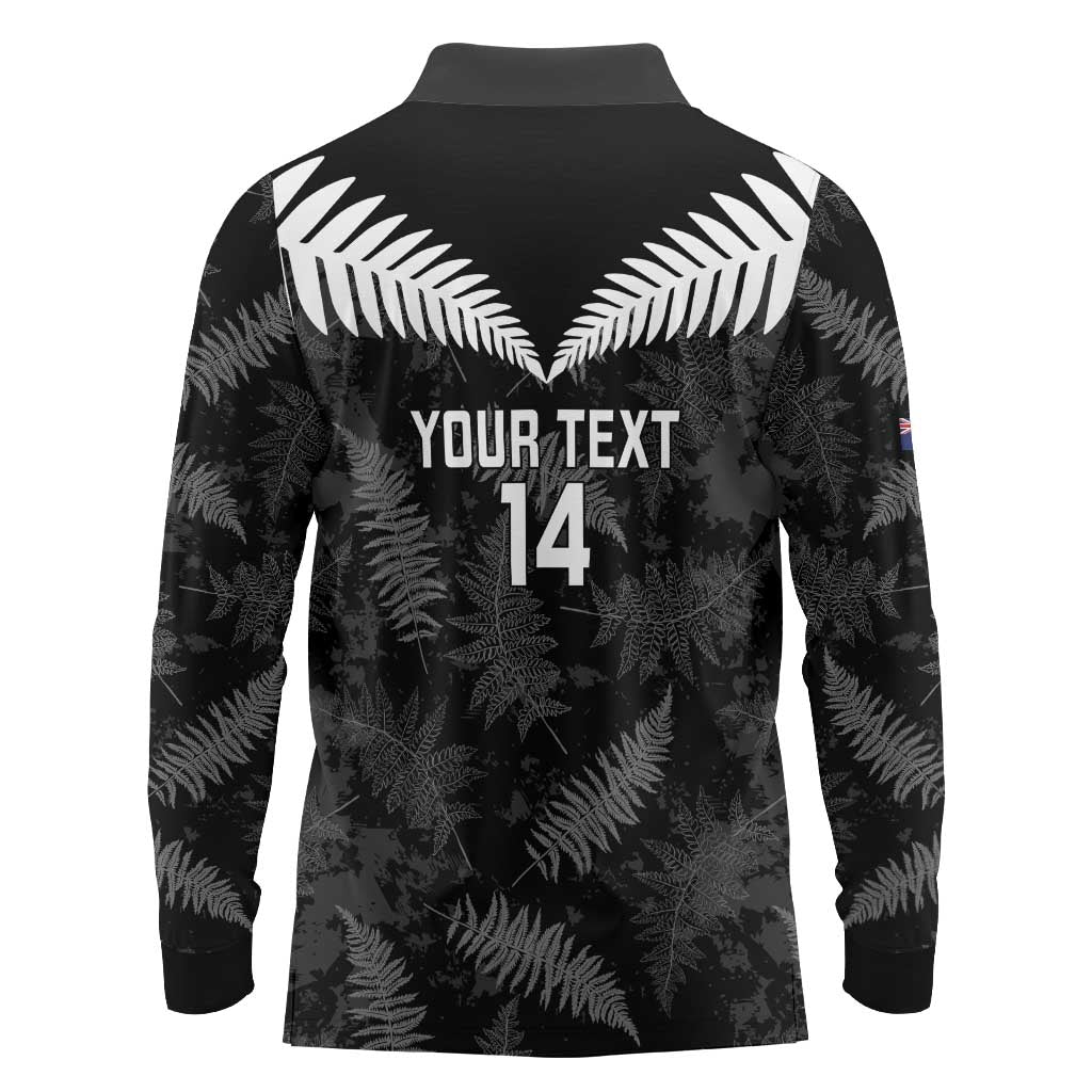 Custom New Zealand Silver Fern Football Long Sleeve Polo Shirt Go Aotearoa Grunge Black - Vibe Hoodie