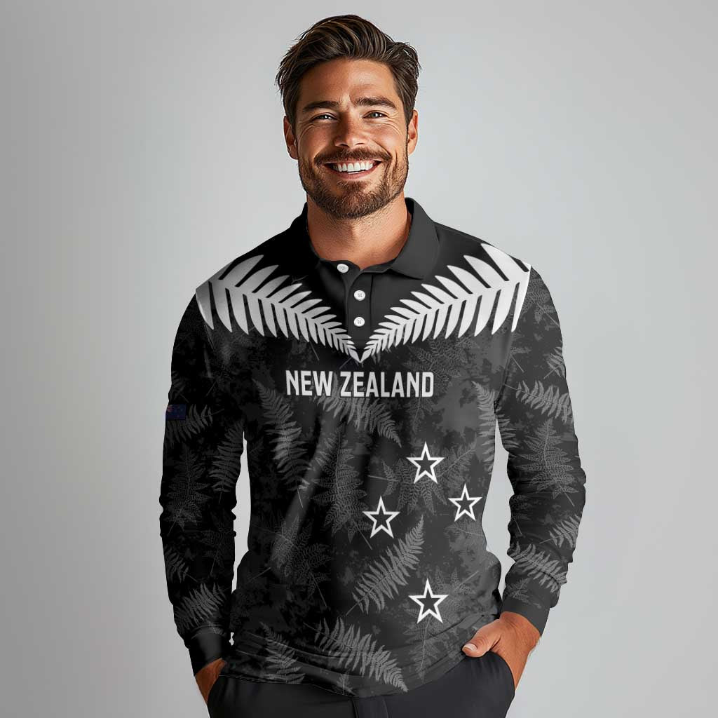 Custom New Zealand Silver Fern Football Long Sleeve Polo Shirt Go Aotearoa Grunge Black - Vibe Hoodie