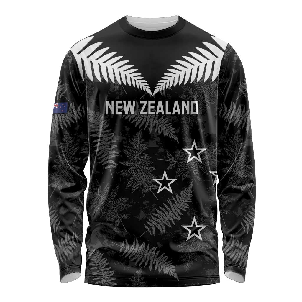 Custom New Zealand Silver Fern Football Long Sleeve Shirt Go Aotearoa Grunge Black - Vibe Hoodie