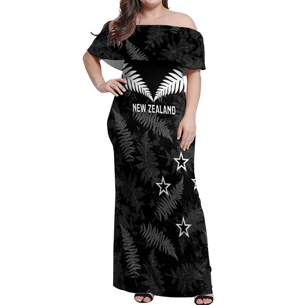 Custom New Zealand Silver Fern Football Off Shoulder Maxi Dress Go Aotearoa Grunge Black - Vibe Hoodie