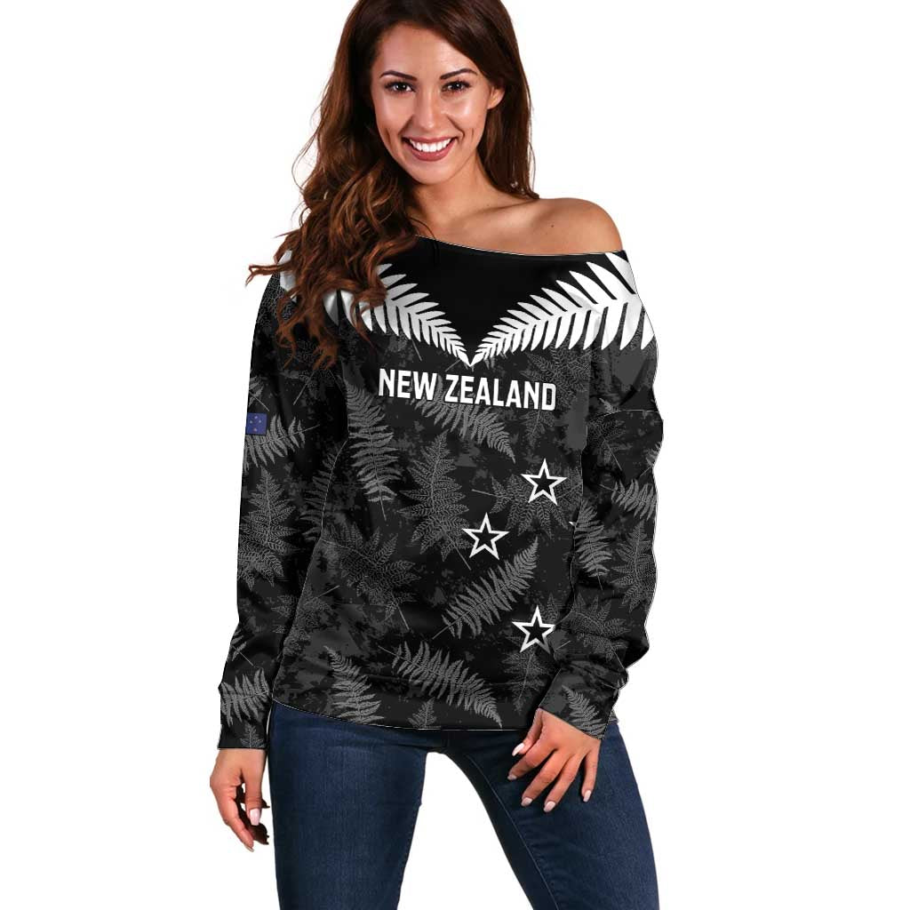 Custom New Zealand Silver Fern Football Off Shoulder Sweater Go Aotearoa Grunge Black - Vibe Hoodie