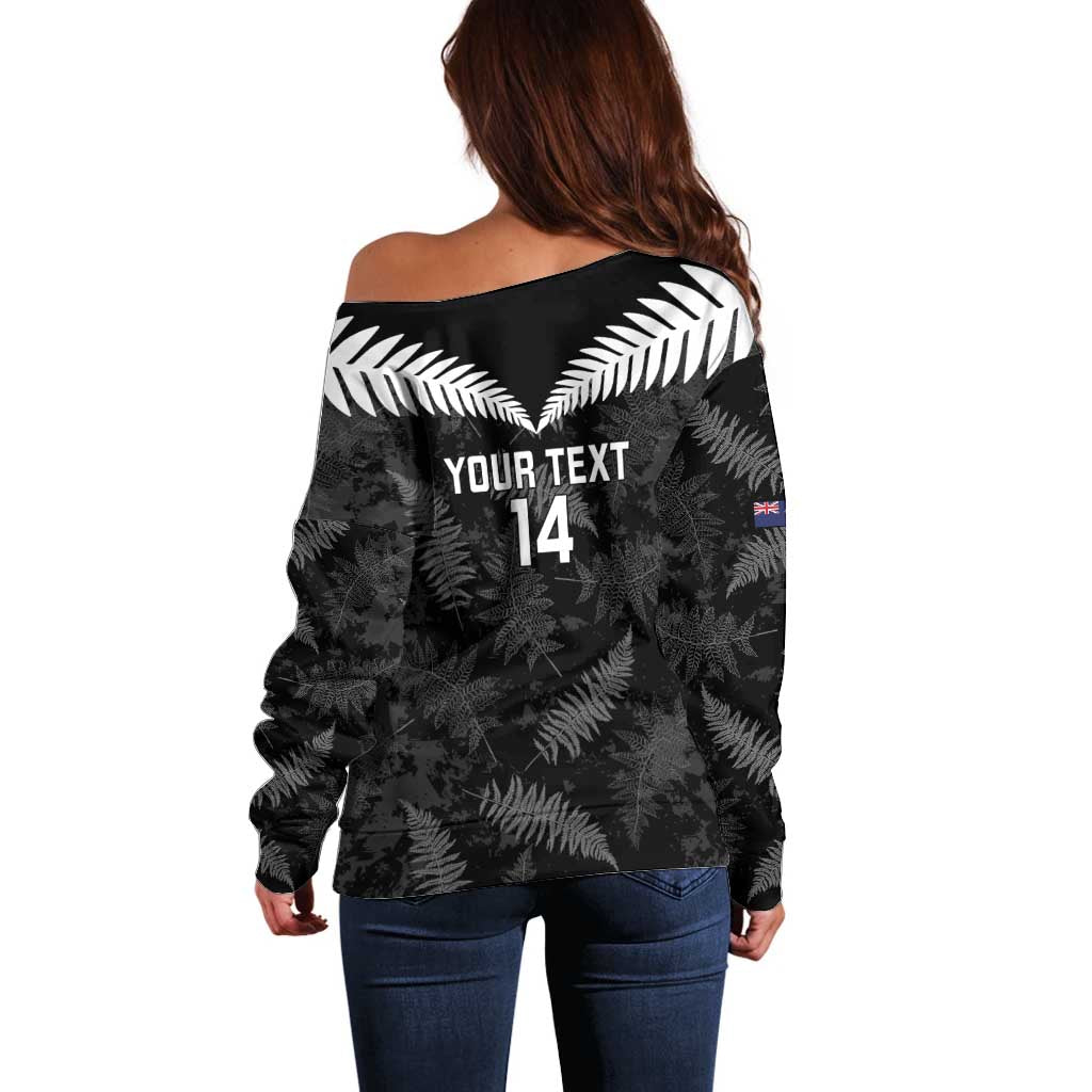 Custom New Zealand Silver Fern Football Off Shoulder Sweater Go Aotearoa Grunge Black - Vibe Hoodie