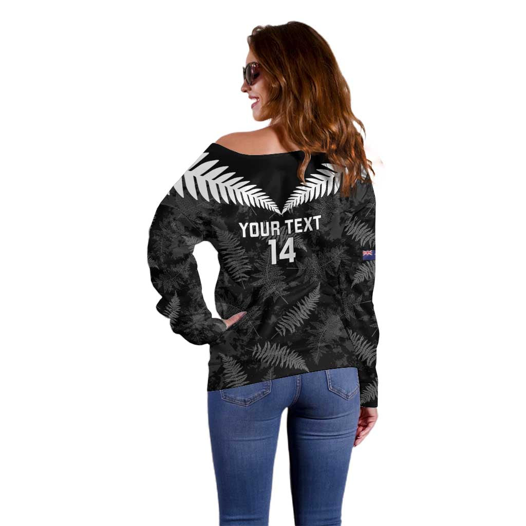 Custom New Zealand Silver Fern Football Off Shoulder Sweater Go Aotearoa Grunge Black - Vibe Hoodie