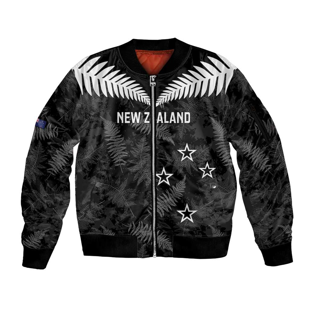 Custom New Zealand Silver Fern Football Sleeve Zip Bomber Jacket Go Aotearoa Grunge Black - Vibe Hoodie