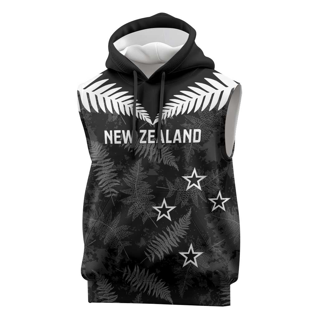 Custom New Zealand Silver Fern Football Sleeveless Hoodie Go Aotearoa Grunge Black - Vibe Hoodie