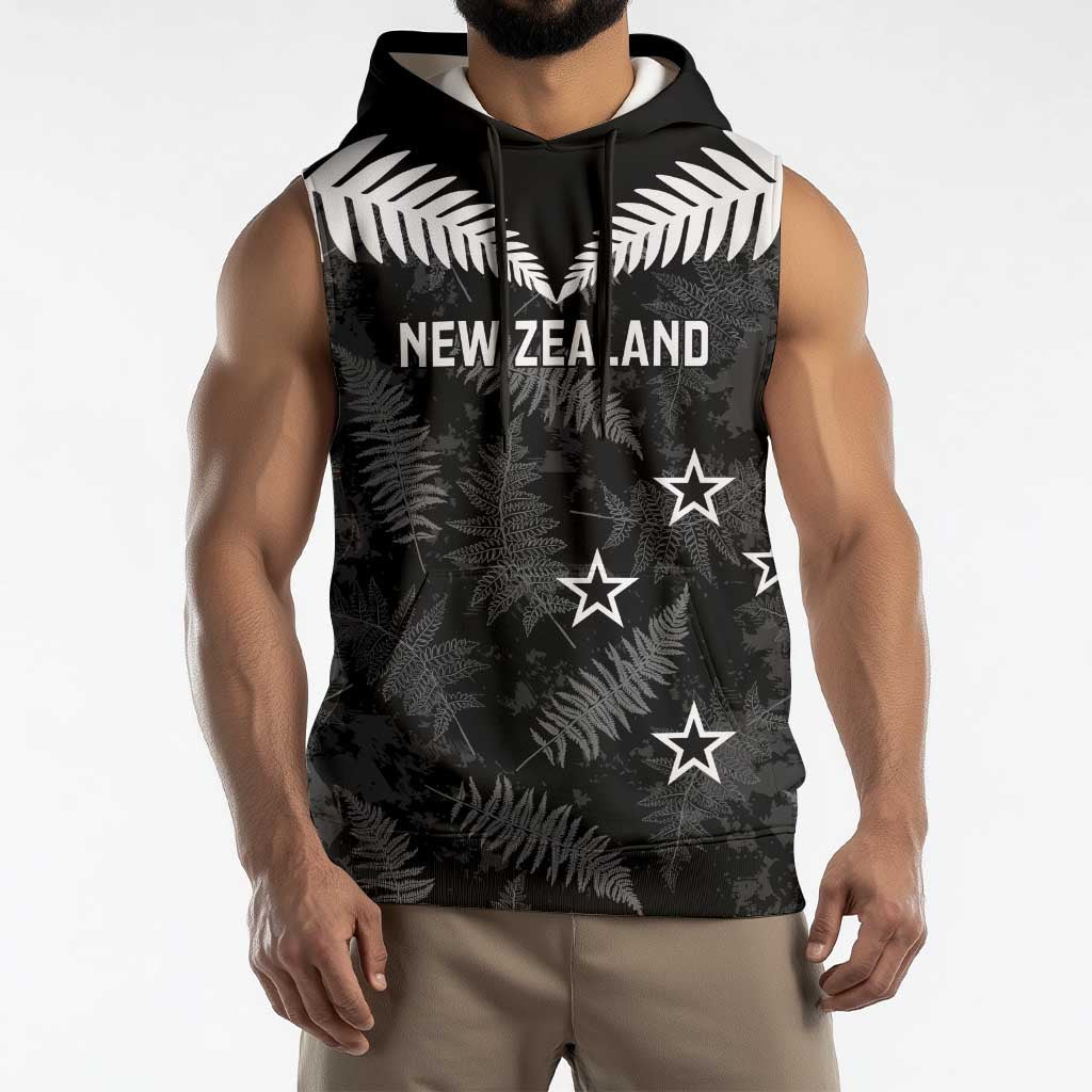 Custom New Zealand Silver Fern Football Sleeveless Hoodie Go Aotearoa Grunge Black - Vibe Hoodie
