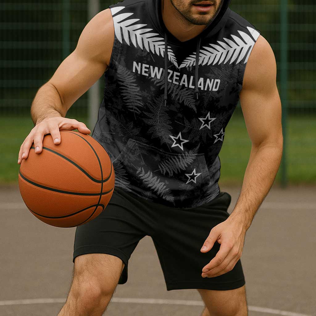 Custom New Zealand Silver Fern Football Sleeveless Hoodie Go Aotearoa Grunge Black - Vibe Hoodie
