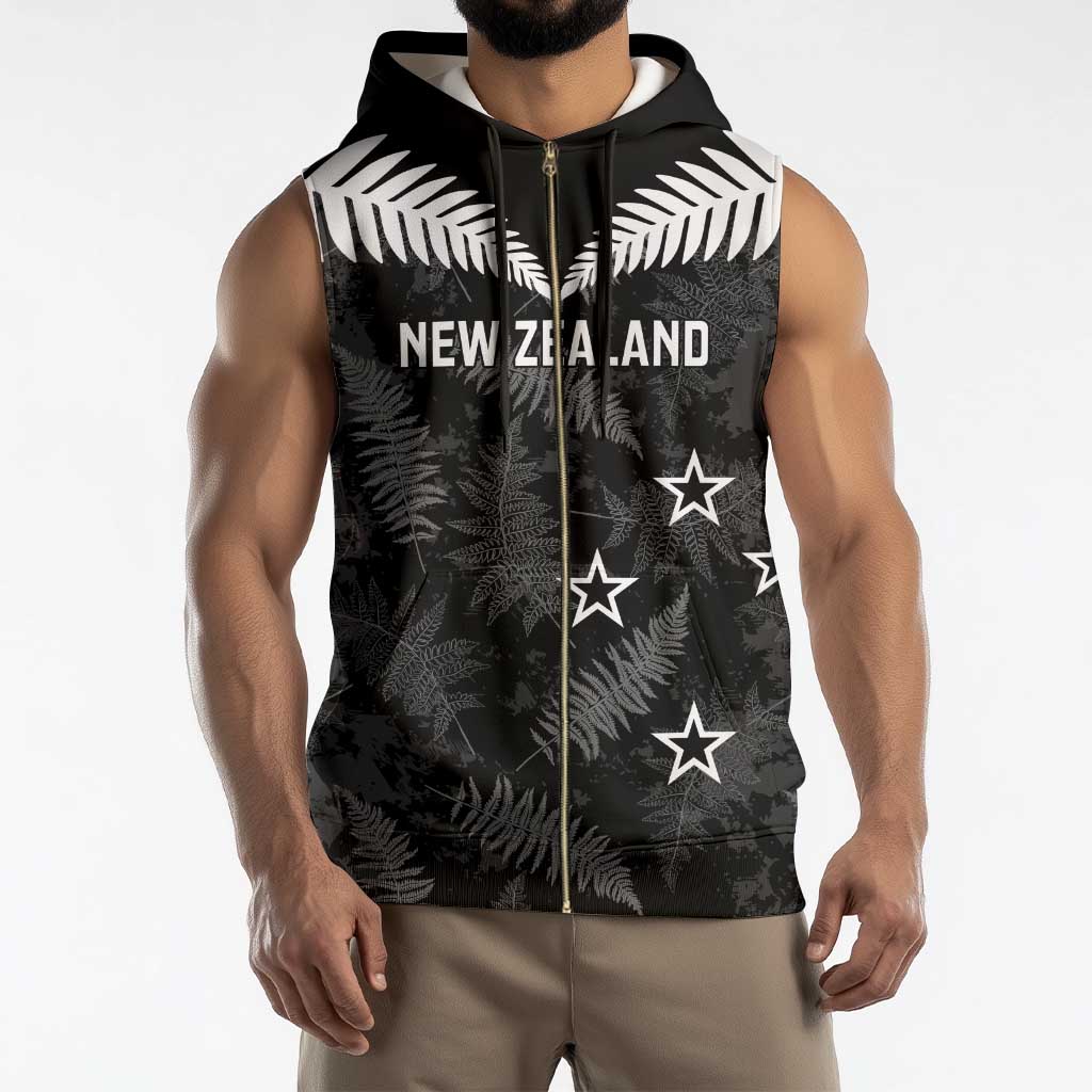 Custom New Zealand Silver Fern Football Sleeveless Zip Hoodie Go Aotearoa Grunge Black - Vibe Hoodie