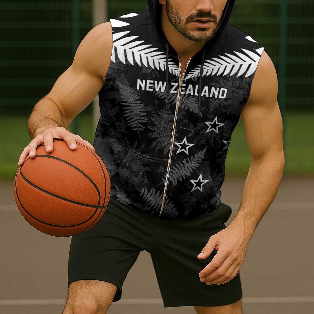 Custom New Zealand Silver Fern Football Sleeveless Zip Hoodie Go Aotearoa Grunge Black - Vibe Hoodie