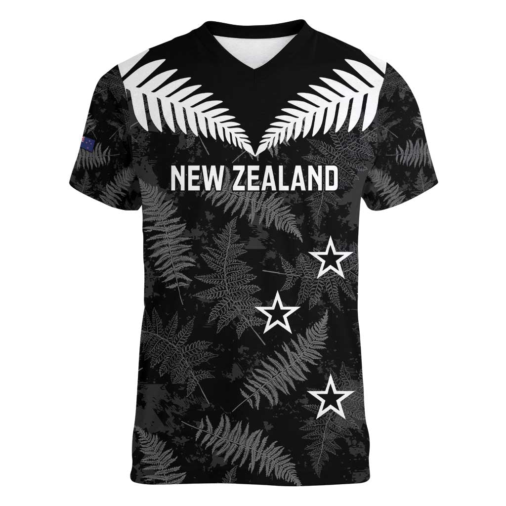Custom New Zealand Silver Fern Football Women V-Neck T-Shirt Go Aotearoa Grunge Black - Vibe Hoodie
