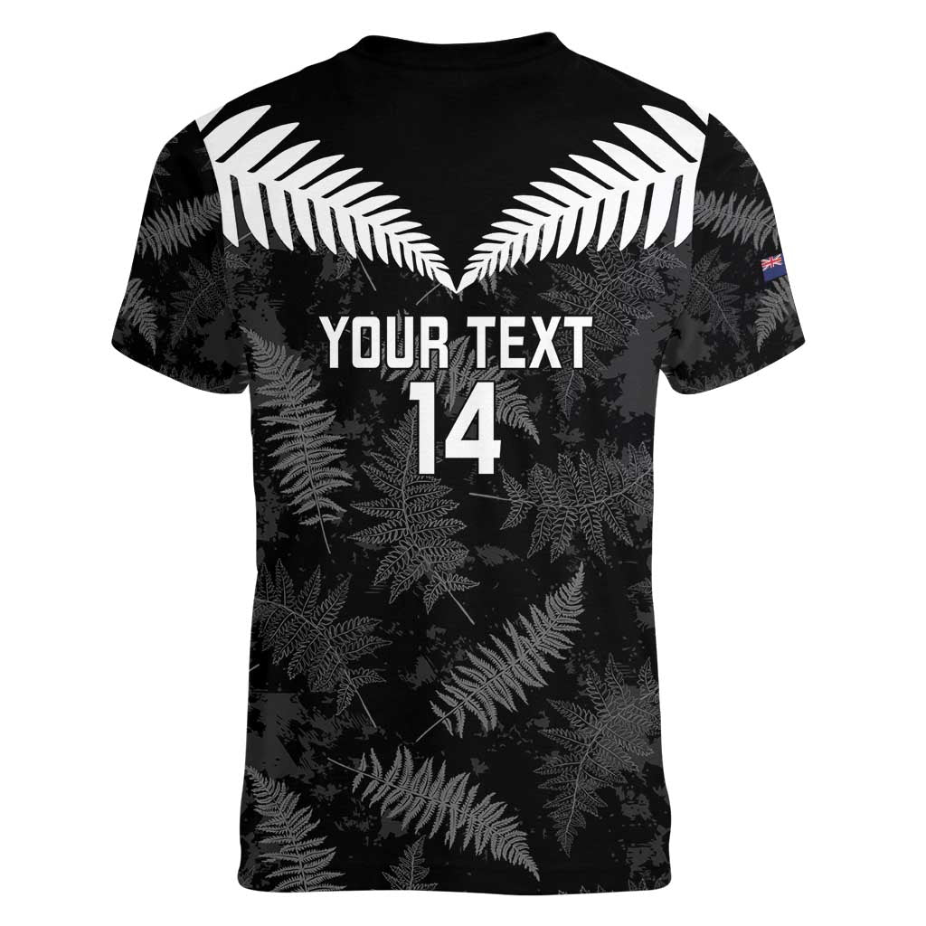 Custom New Zealand Silver Fern Football Women V-Neck T-Shirt Go Aotearoa Grunge Black - Vibe Hoodie