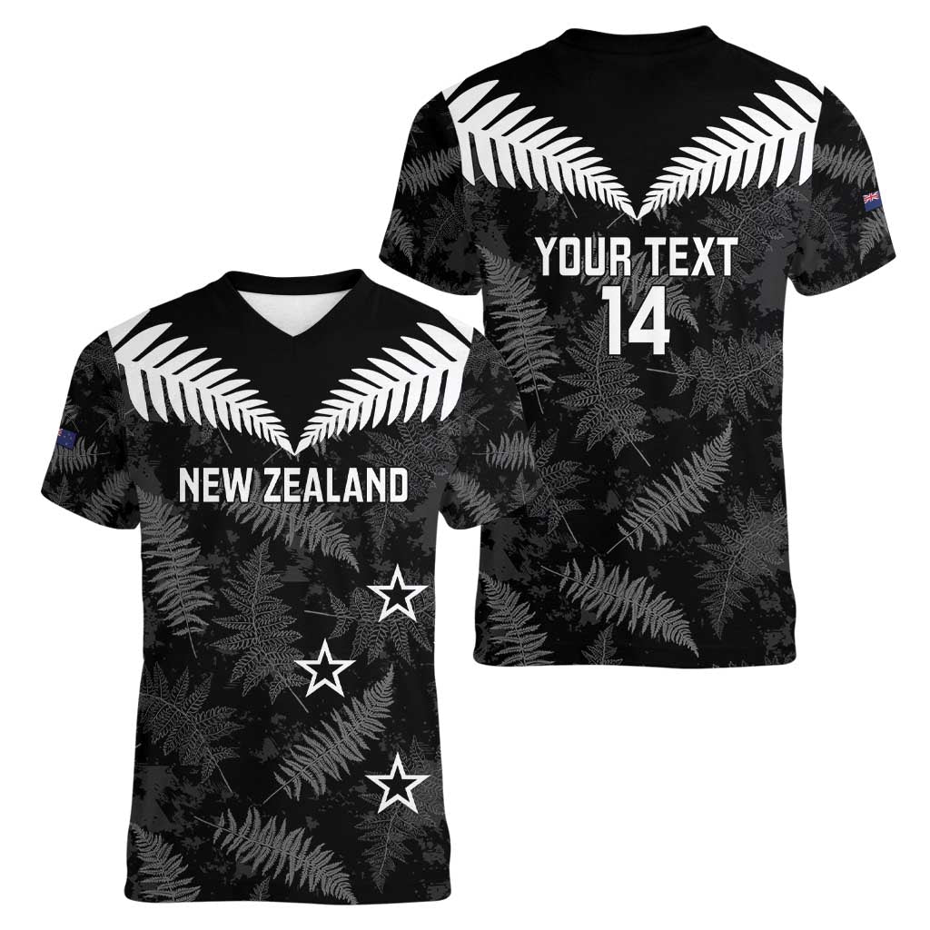Custom New Zealand Silver Fern Football Women V-Neck T-Shirt Go Aotearoa Grunge Black - Vibe Hoodie