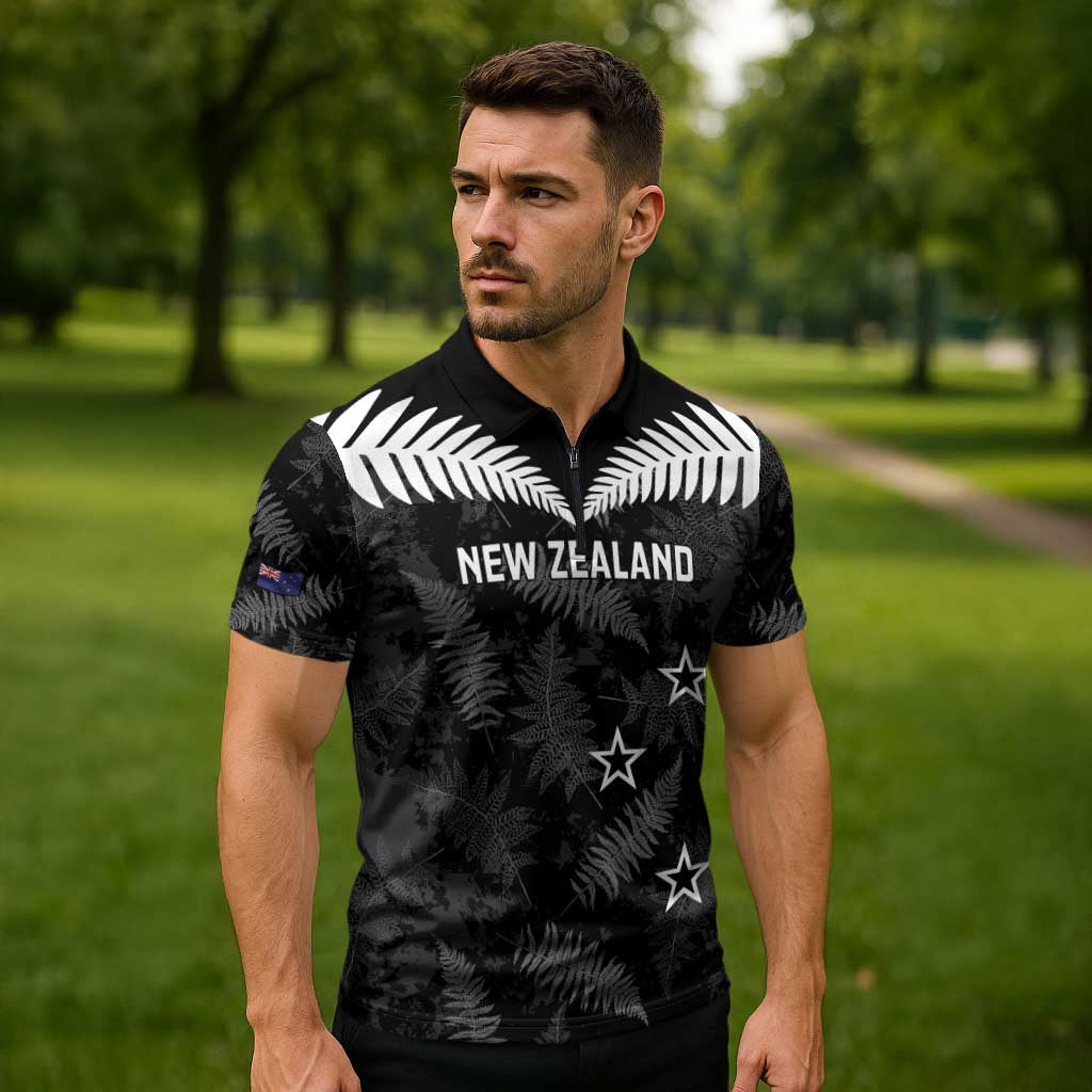 Custom New Zealand Silver Fern Football Zipper Polo Shirt Go Aotearoa Grunge Black - Vibe Hoodie