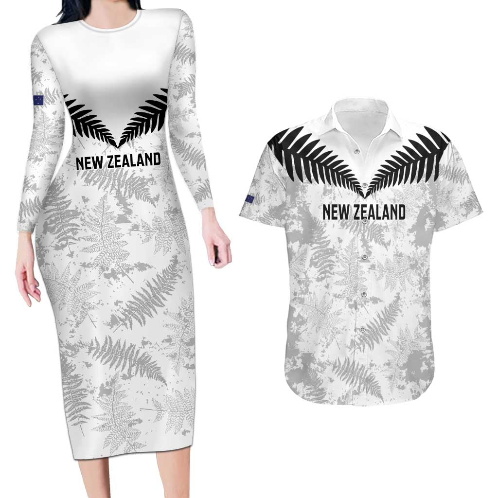 Custom New Zealand Silver Fern Football Couples Matching Long Sleeve Bodycon Dress and Hawaiian Shirt Go Aotearoa Grunge White - Vibe Hoodie