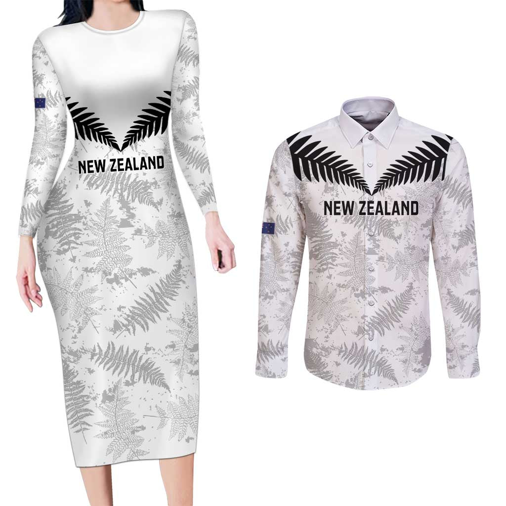 Custom New Zealand Silver Fern Football Couples Matching Long Sleeve Bodycon Dress and Long Sleeve Button Shirt Go Aotearoa Grunge White - Vibe Hoodie