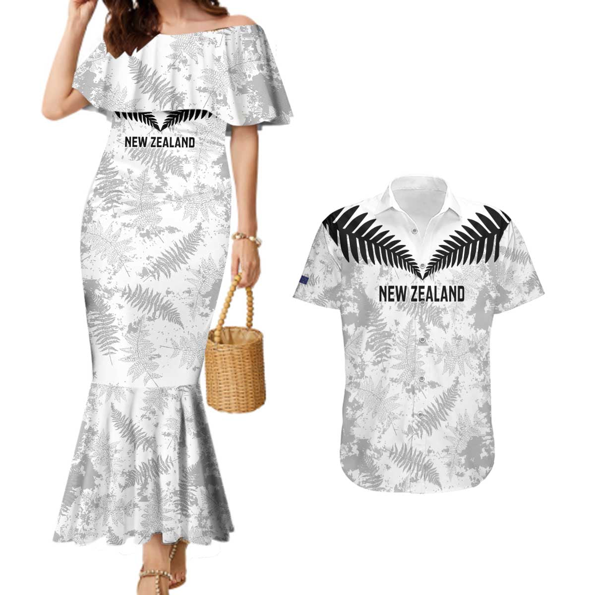 Custom New Zealand Silver Fern Football Couples Matching Mermaid Dress and Hawaiian Shirt Go Aotearoa Grunge White - Vibe Hoodie