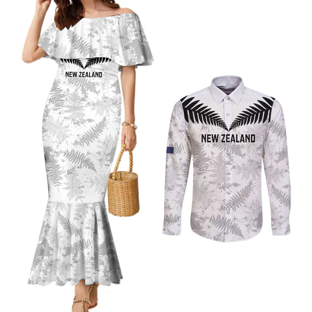 Custom New Zealand Silver Fern Football Couples Matching Mermaid Dress and Long Sleeve Button Shirt Go Aotearoa Grunge White - Vibe Hoodie
