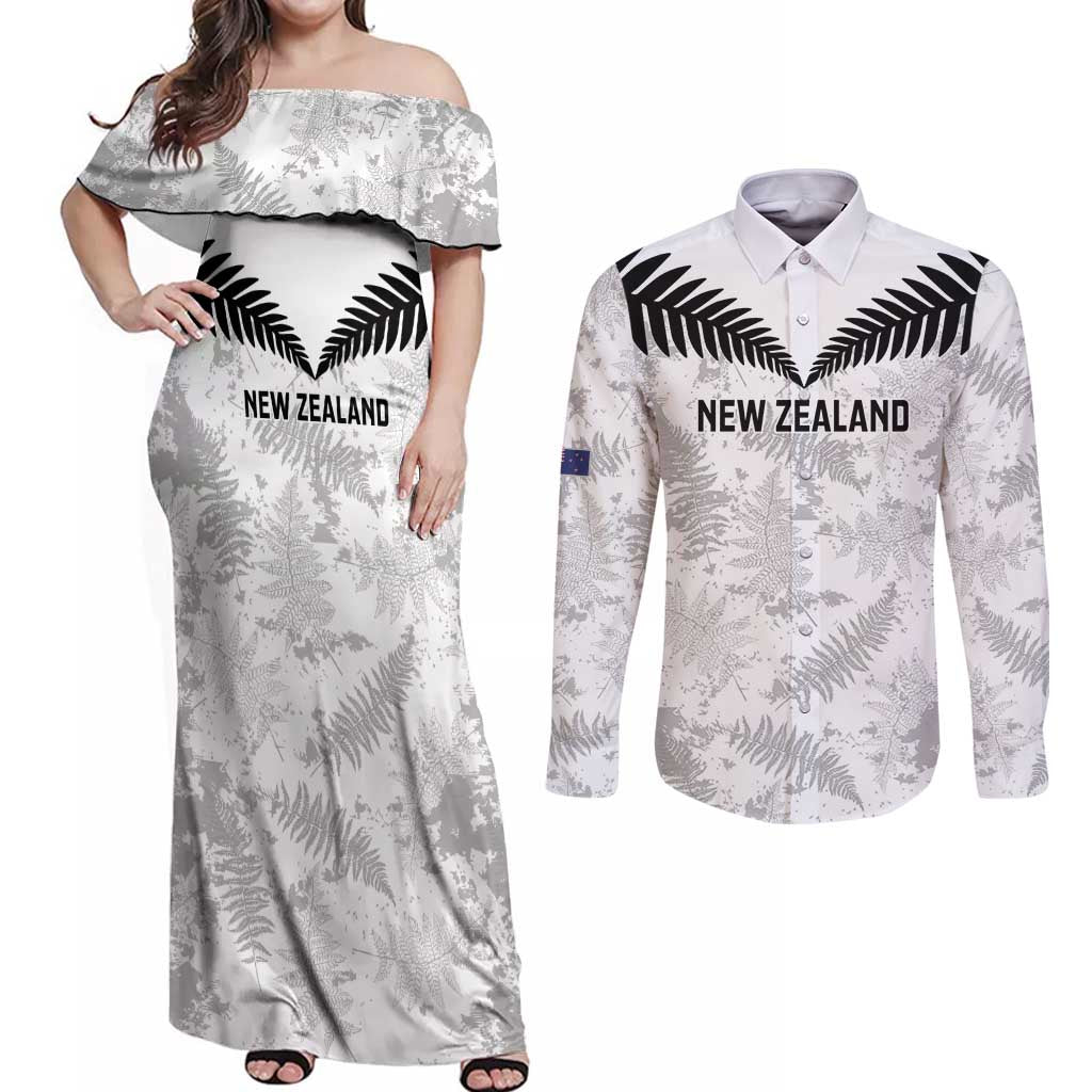 Custom New Zealand Silver Fern Football Couples Matching Off Shoulder Maxi Dress and Long Sleeve Button Shirt Go Aotearoa Grunge White - Vibe Hoodie