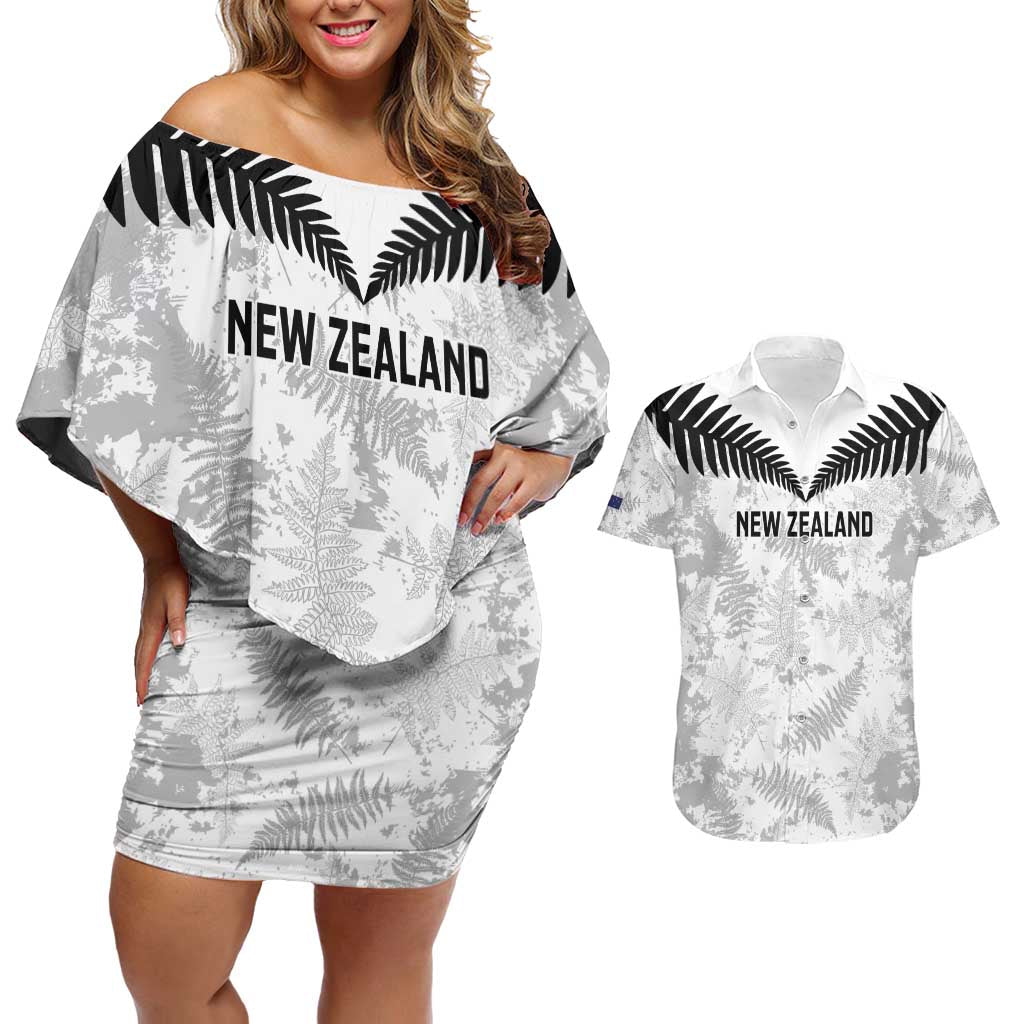 Custom New Zealand Silver Fern Football Couples Matching Off Shoulder Short Dress and Hawaiian Shirt Go Aotearoa Grunge White - Vibe Hoodie