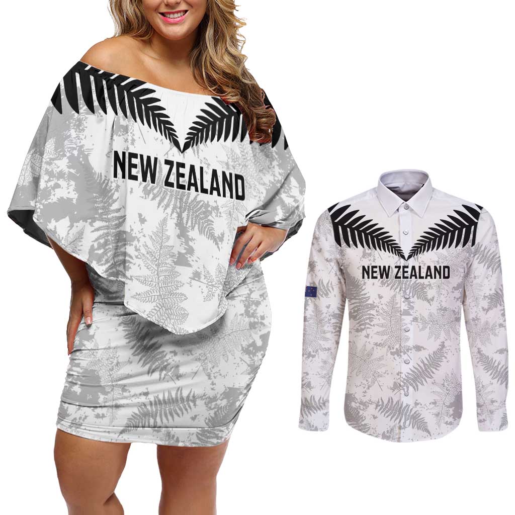 Custom New Zealand Silver Fern Football Couples Matching Off Shoulder Short Dress and Long Sleeve Button Shirt Go Aotearoa Grunge White - Vibe Hoodie
