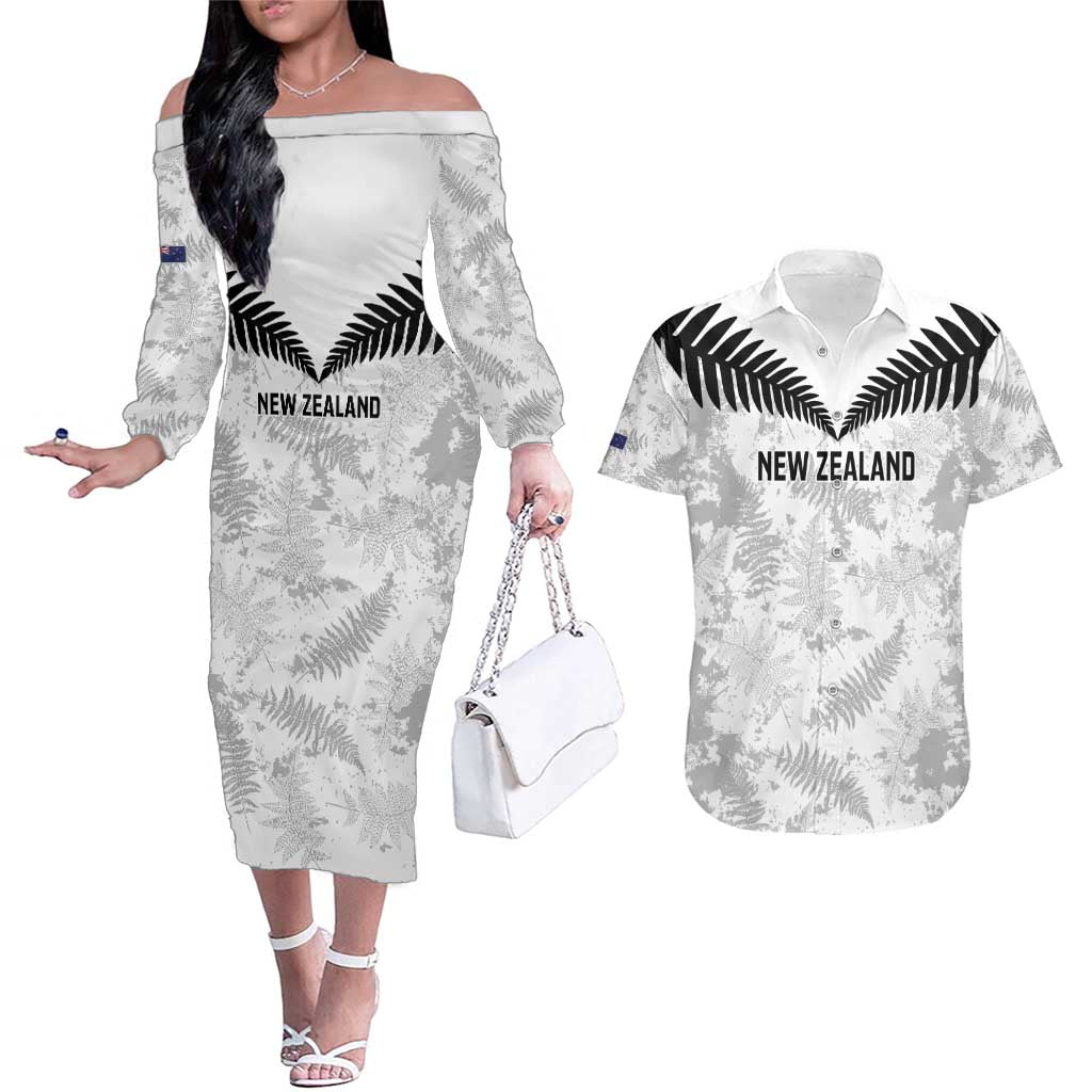 Custom New Zealand Silver Fern Football Couples Matching Off The Shoulder Long Sleeve Dress and Hawaiian Shirt Go Aotearoa Grunge White - Vibe Hoodie