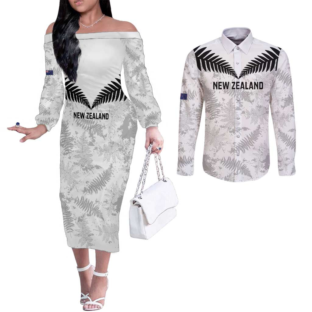 Custom New Zealand Silver Fern Football Couples Matching Off The Shoulder Long Sleeve Dress and Long Sleeve Button Shirt Go Aotearoa Grunge White - Vibe Hoodie