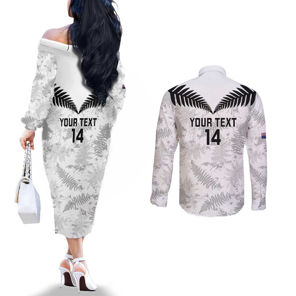 Custom New Zealand Silver Fern Football Couples Matching Off The Shoulder Long Sleeve Dress and Long Sleeve Button Shirt Go Aotearoa Grunge White - Vibe Hoodie