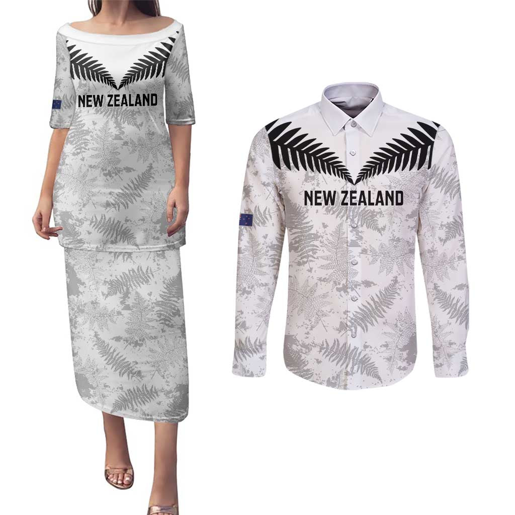 Custom New Zealand Silver Fern Football Couples Matching Puletasi and Long Sleeve Button Shirt Go Aotearoa Grunge White - Vibe Hoodie