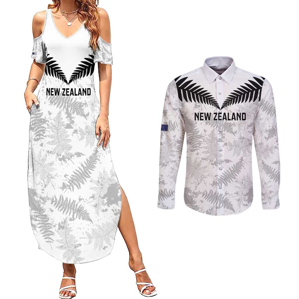 Custom New Zealand Silver Fern Football Couples Matching Summer Maxi Dress and Long Sleeve Button Shirt Go Aotearoa Grunge White - Vibe Hoodie