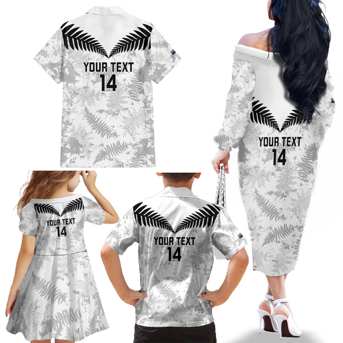 Custom New Zealand Silver Fern Football Family Matching Off The Shoulder Long Sleeve Dress and Hawaiian Shirt Go Aotearoa Grunge White - Vibe Hoodie