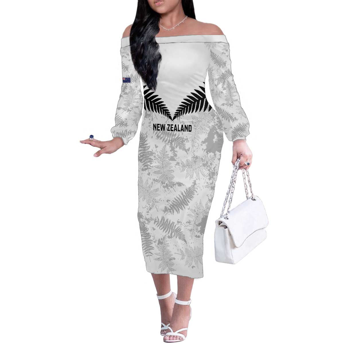 Custom New Zealand Silver Fern Football Family Matching Off The Shoulder Long Sleeve Dress and Hawaiian Shirt Go Aotearoa Grunge White - Vibe Hoodie