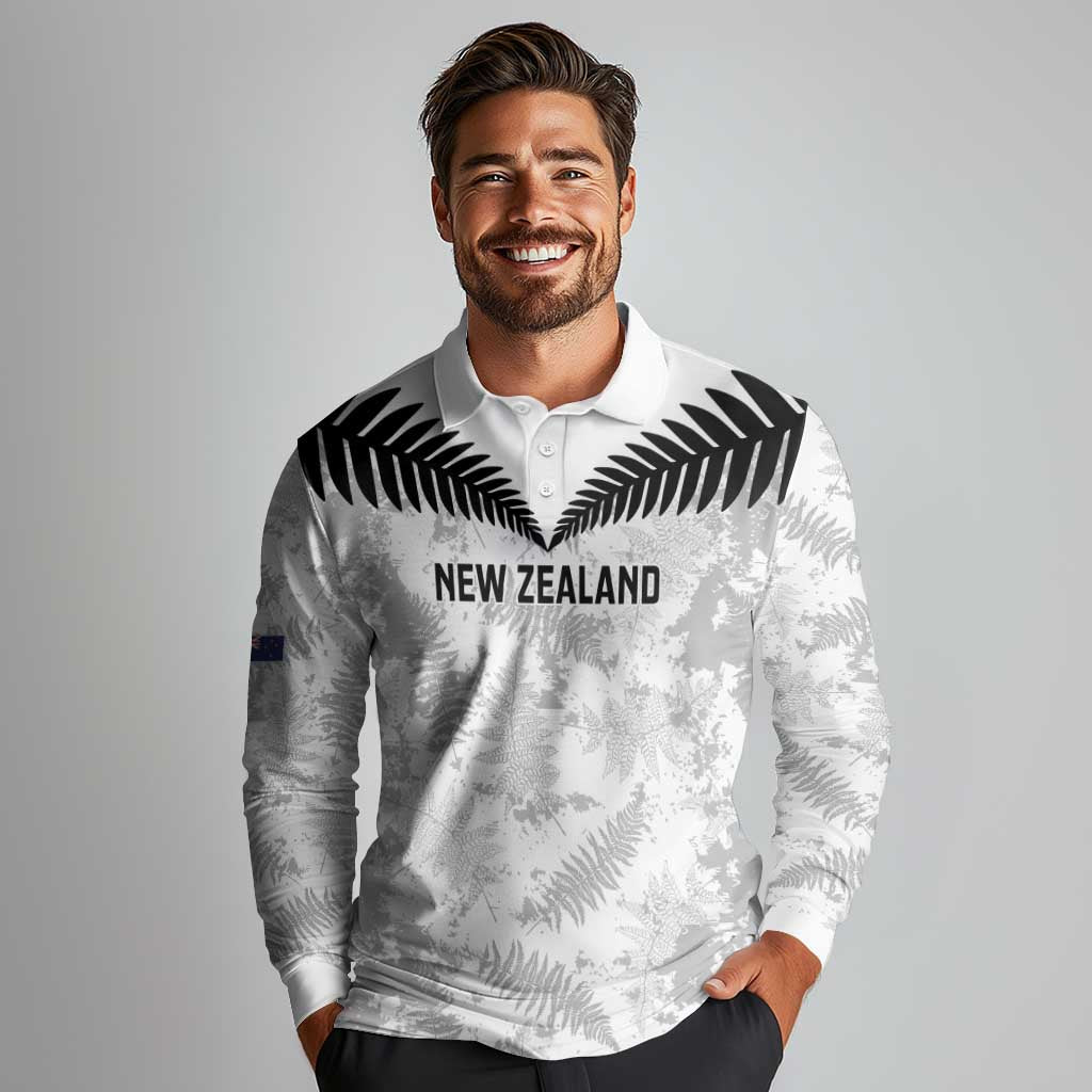 Custom New Zealand Silver Fern Football Long Sleeve Polo Shirt Go Aotearoa Grunge White - Vibe Hoodie