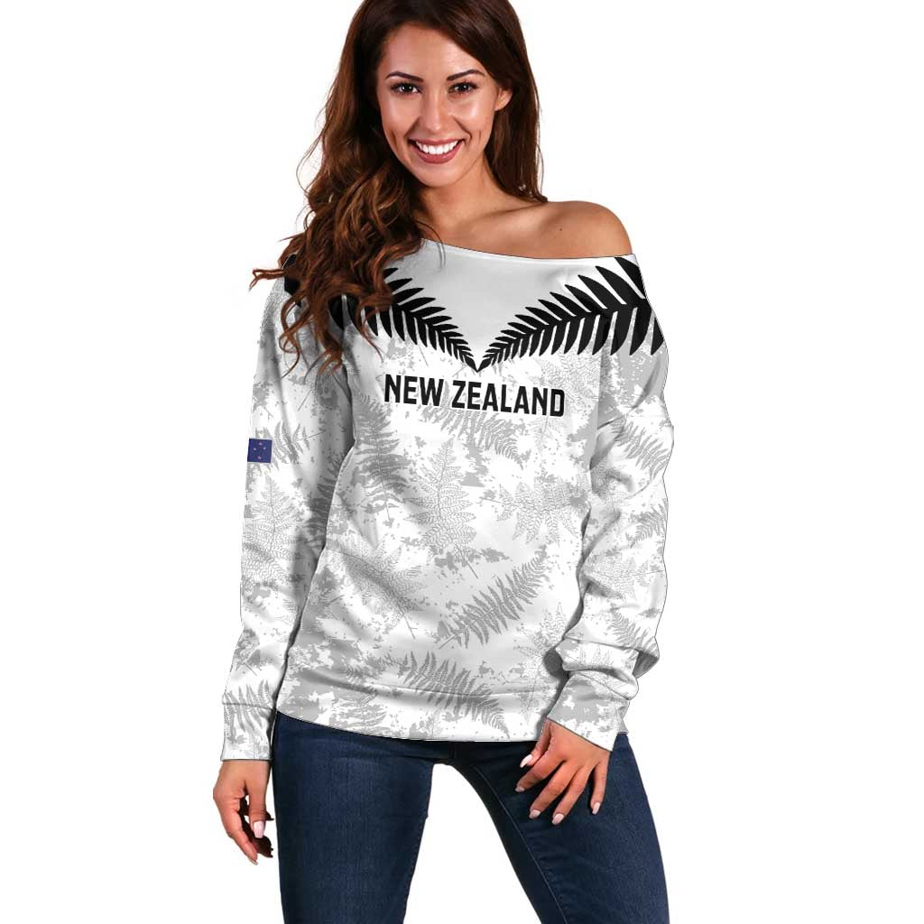 Custom New Zealand Silver Fern Football Off Shoulder Sweater Go Aotearoa Grunge White - Vibe Hoodie