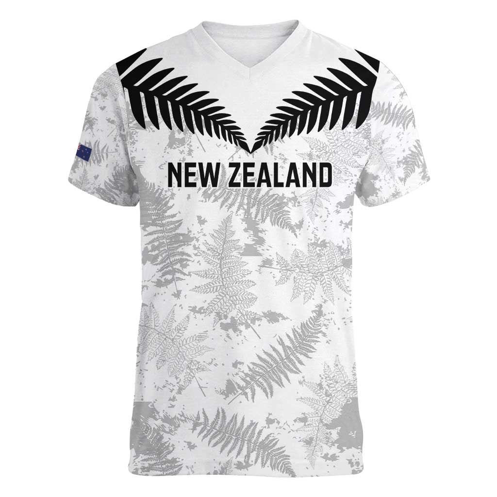 Custom New Zealand Silver Fern Football Women V-Neck T-Shirt Go Aotearoa Grunge White - Vibe Hoodie