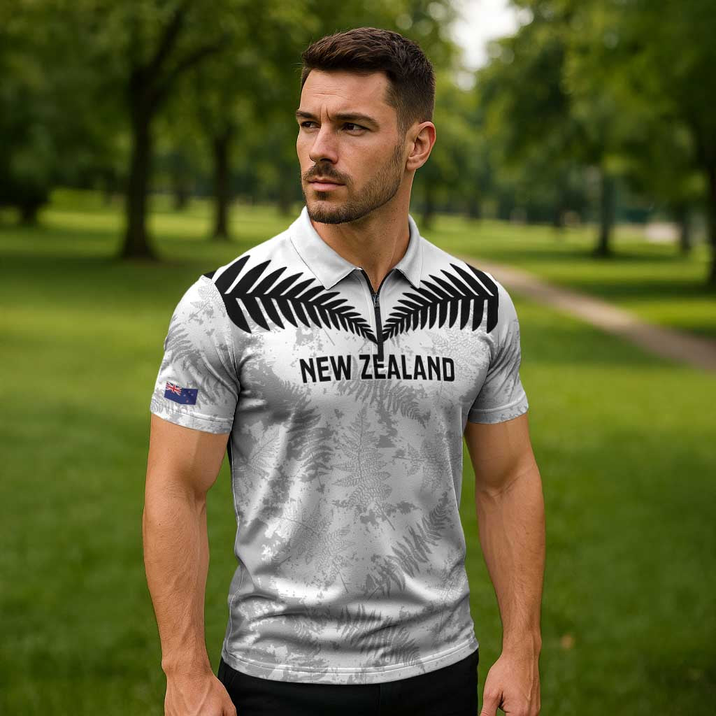 Custom New Zealand Silver Fern Football Zipper Polo Shirt Go Aotearoa Grunge White - Vibe Hoodie