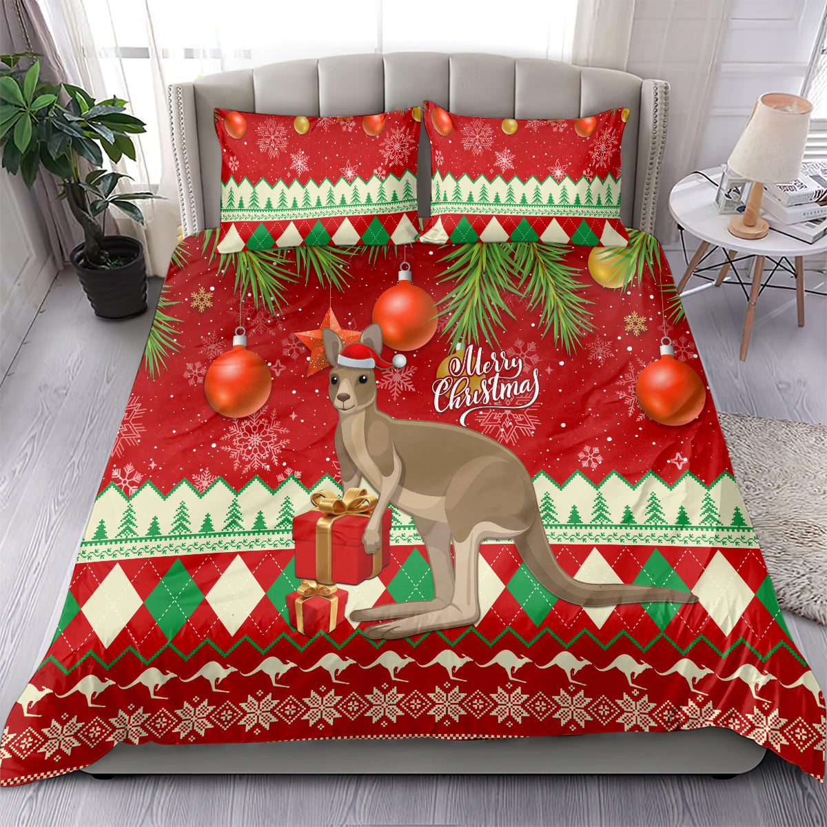 Australia Christmas Bedding Set Aussie Kangaroo Santa Merry Xmas - Vibe Hoodie Shop