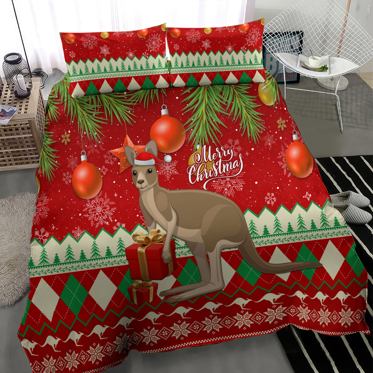 Australia Christmas Bedding Set Aussie Kangaroo Santa Merry Xmas - Vibe Hoodie Shop
